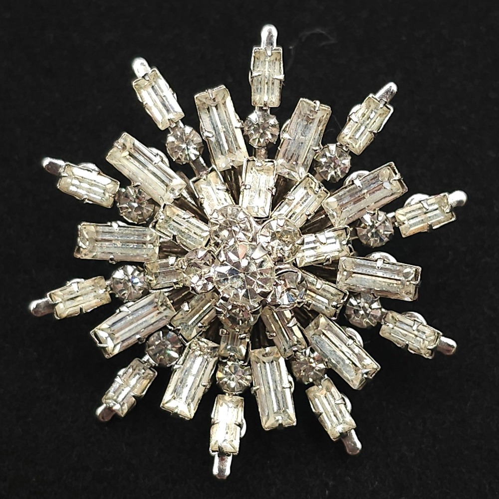 Vintage Starburst Brooch Clear Silver Tone Baguette Rhinestone 1.5" Pin Formal